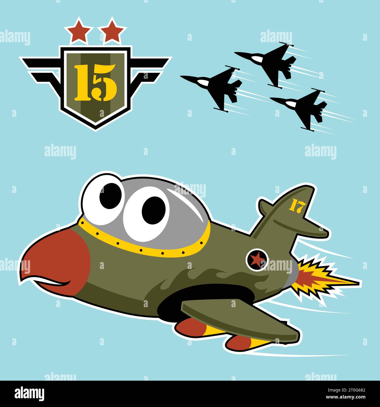 Funny warplane with a military logo, vector cartoon illustration Stock Vector