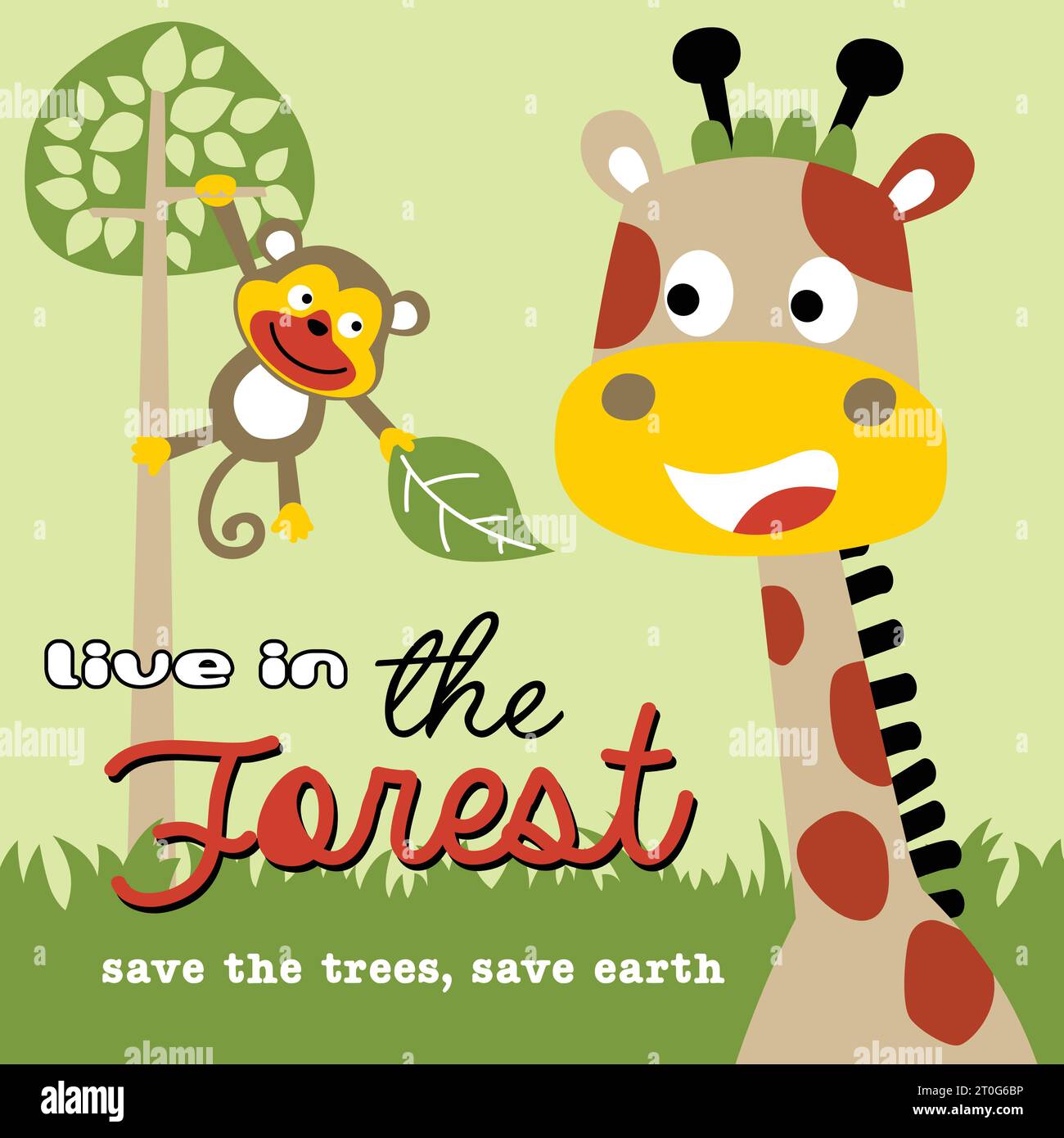 Funny giraffe with monkey in the tree, vector cartoon illustration Stock Vector
