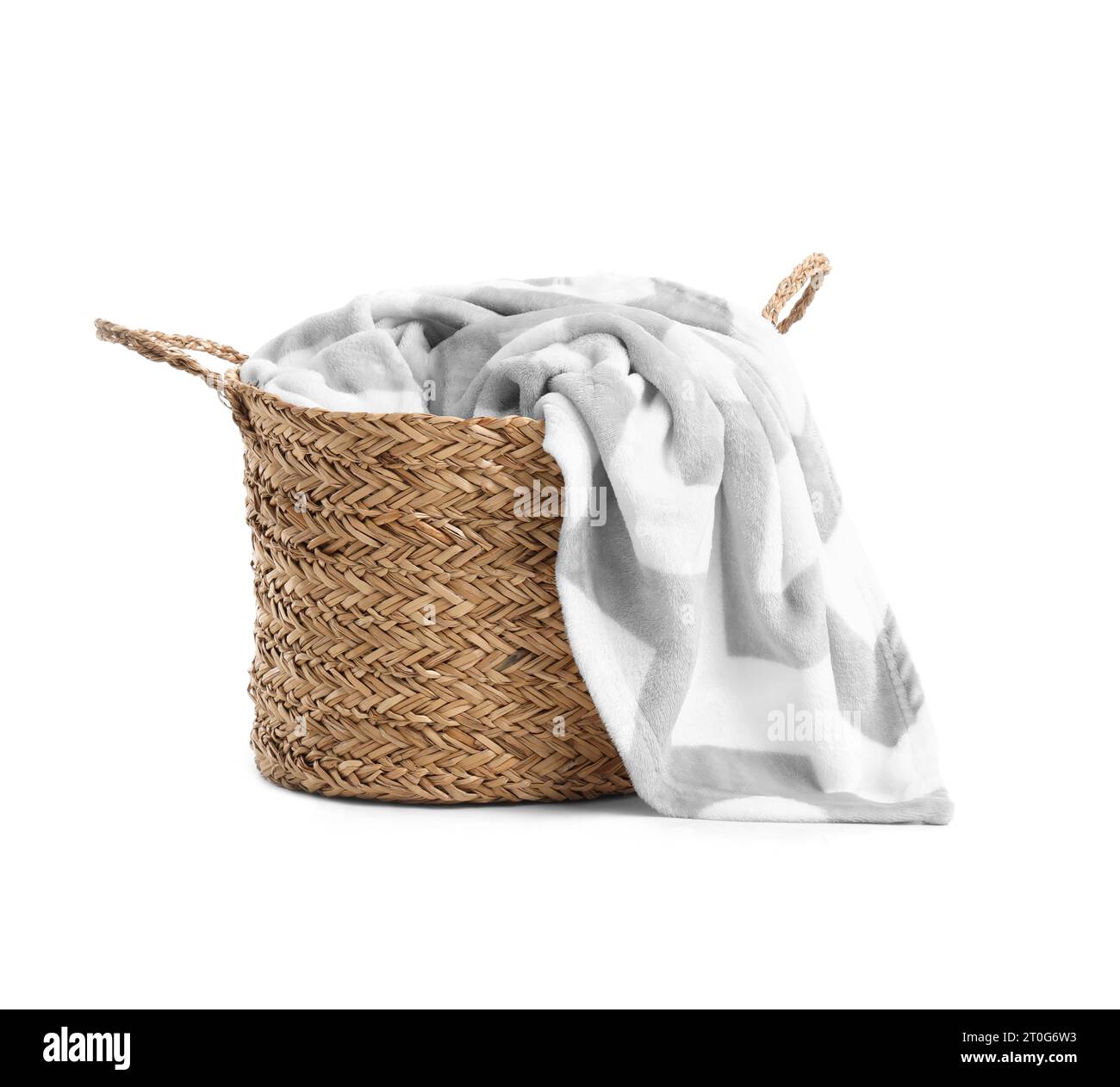 Wicker basket with blanket isolated on white background Stock Photo Alamy