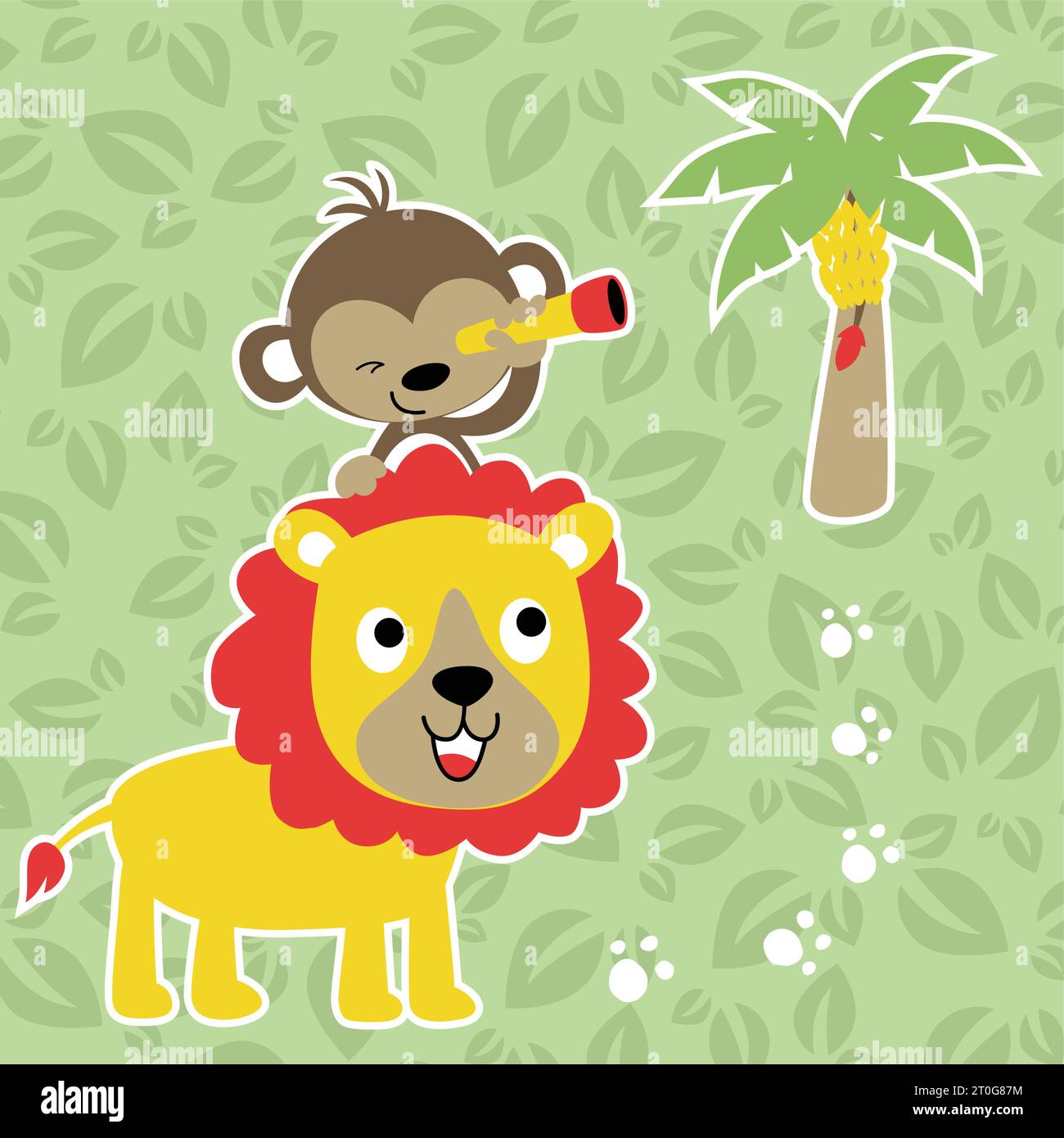 cute monkey holding binocular riding on lion, banana tree on leaves