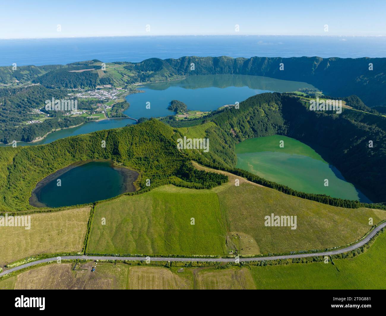 The view from the Miradouro da Vista do Rei viewpoint over Sete Cidades lakes in the Sao Miguel island in the Azores, Portugal Stock Photo