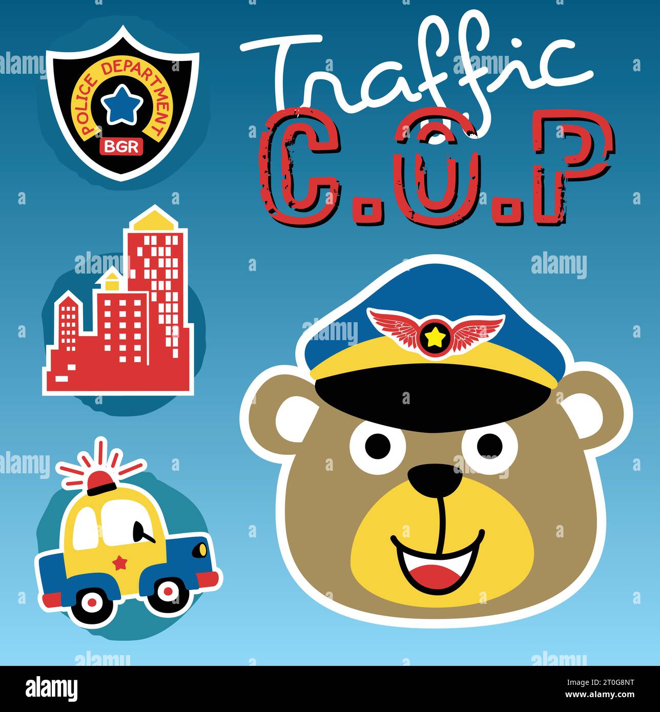 Cute bear wearing police cap with police car, logo and buildings, vector cartoon illustration Stock Vector