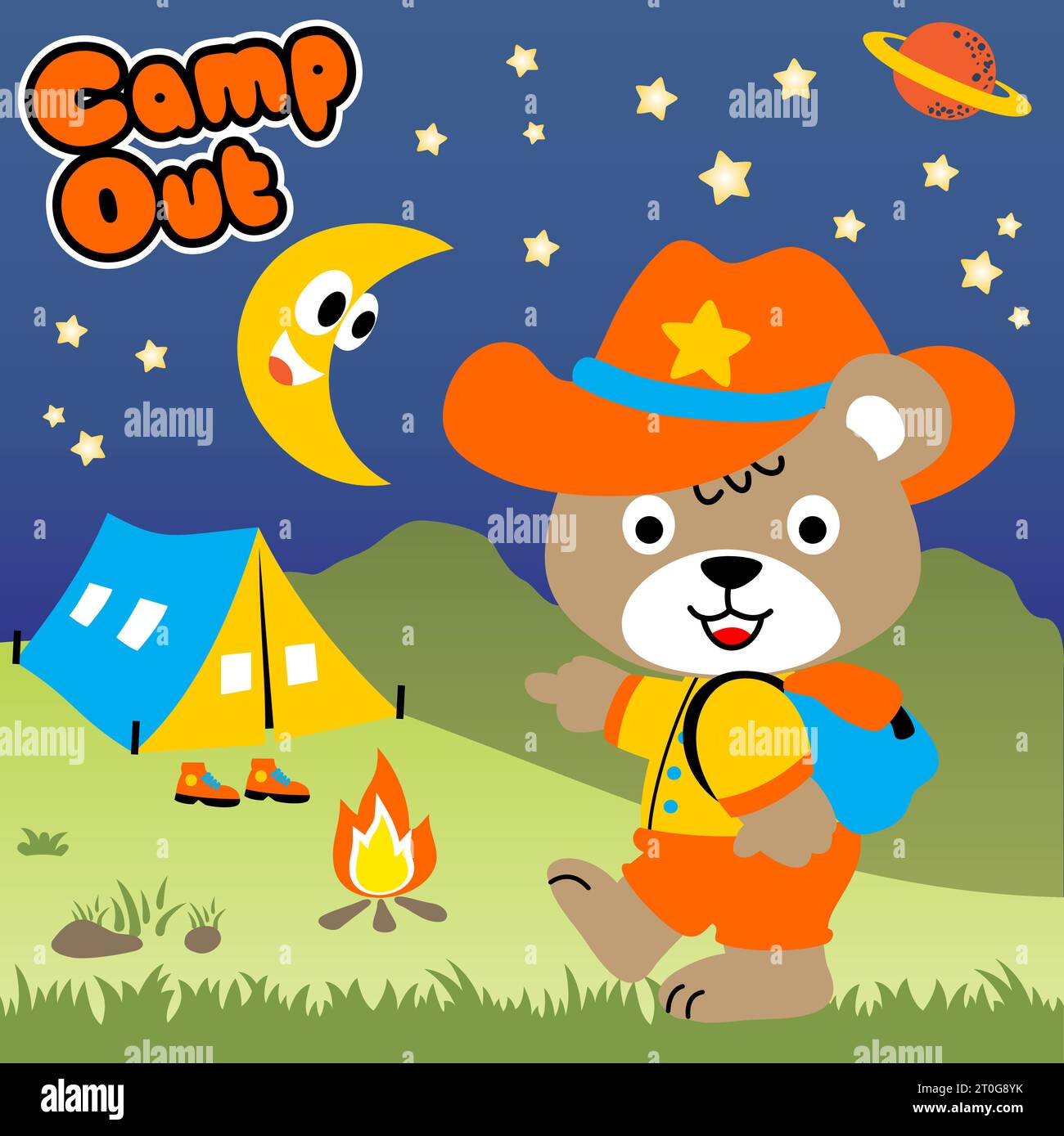 Cute bear in scout uniform in camping ground at night, vector cartoon