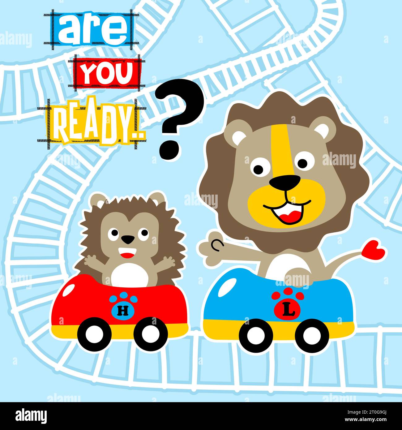 Cute lion with hedgehog playing roller coaster vector cartoon