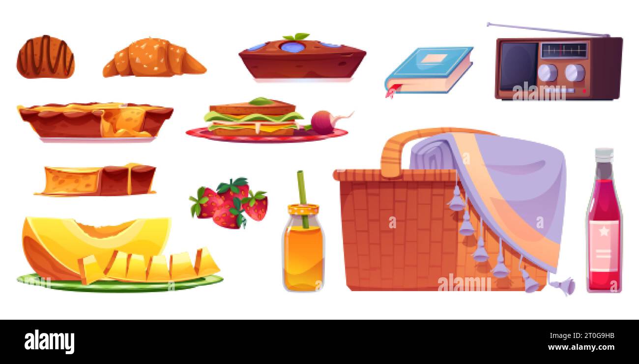 Wicker basket with blanket and food and drinks for picnic in park. Cartoon ready-to-eat food and accessories for outdoor lunch - sandwich and pie, mel Stock Vector