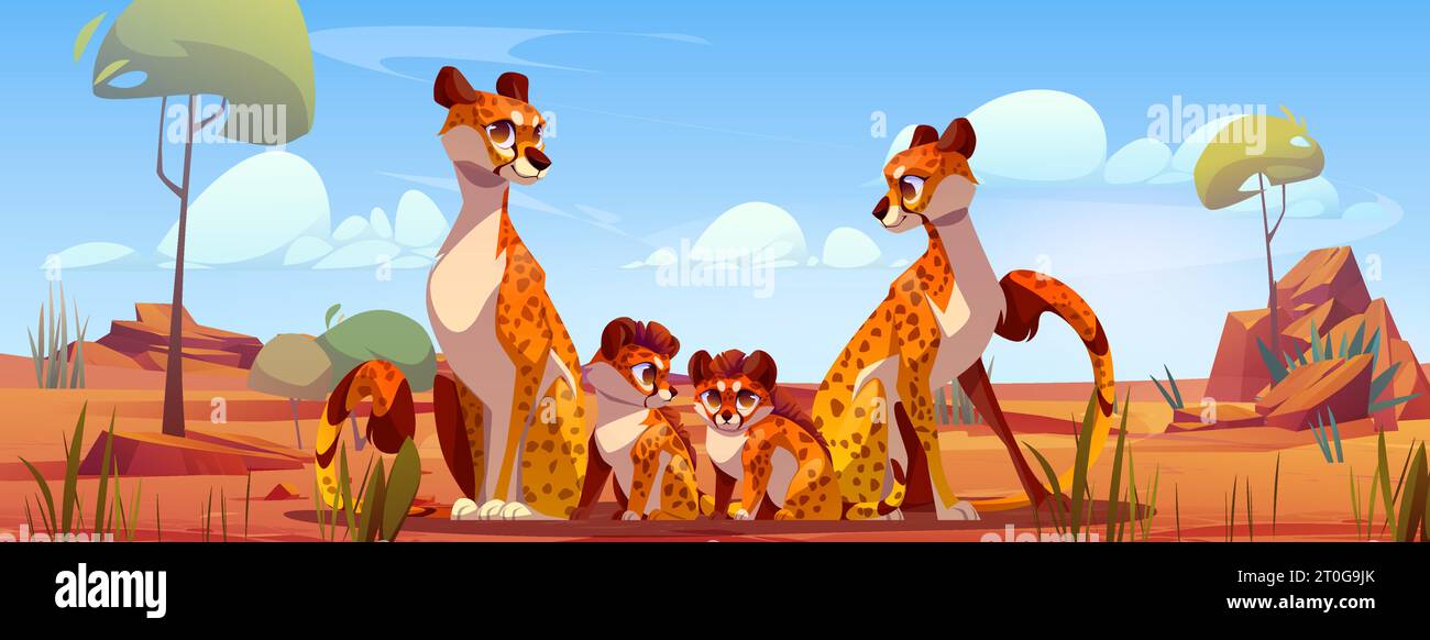 Cheetah family in Africa cartoon vector background. Savannah landscape with leopard animal sitting near baby cat scene. Tropical exotic zoo character Stock Vector