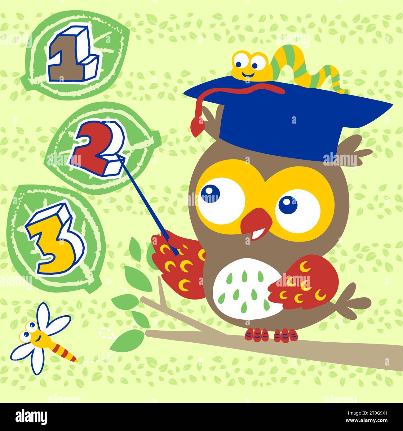 Cute owl wearing graduation hat with bugs learning mathematics, vector cartoon illustration Stock Vector