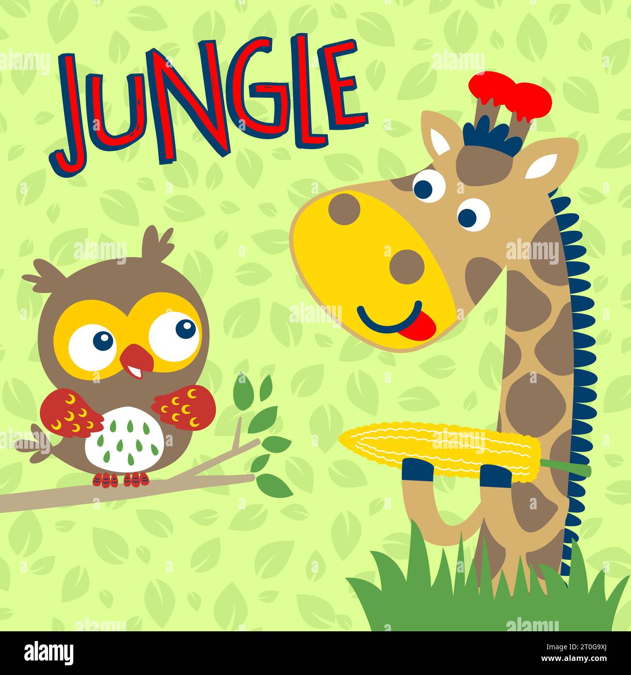 cute giraffe eating corn, funny owl perching on tree branches, vector