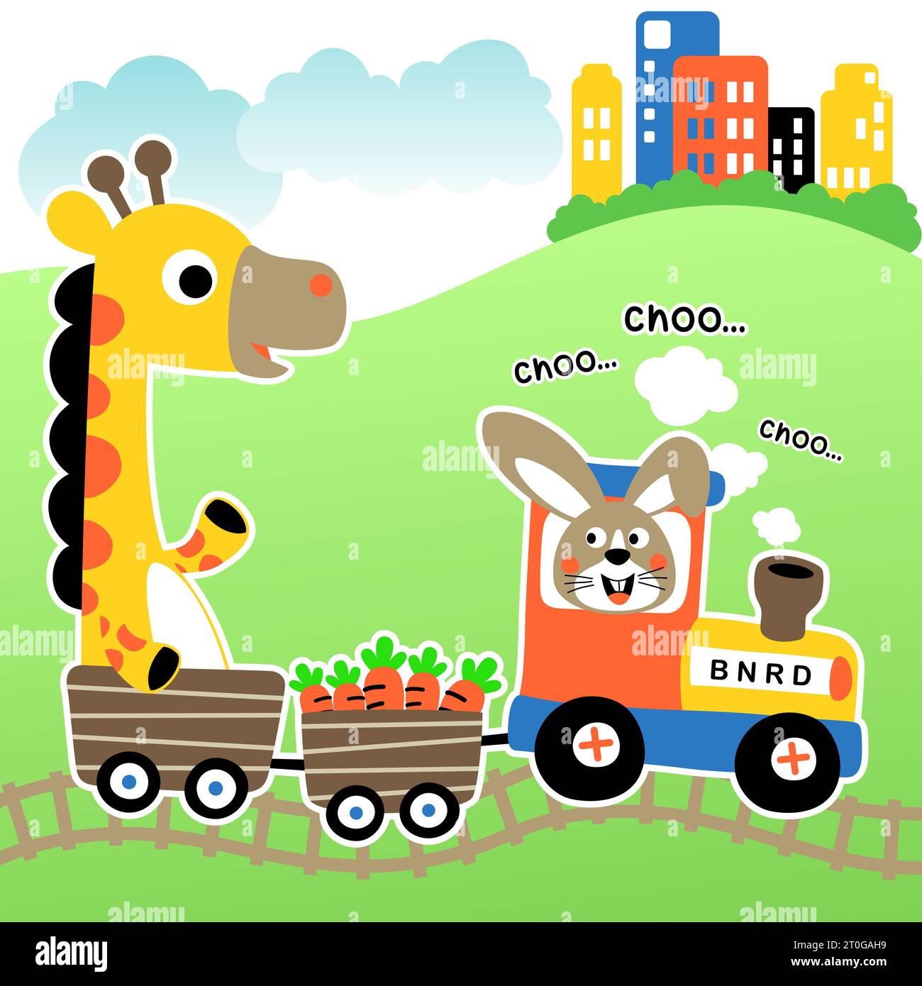 Funny rabbit and giraffe on steam train loading carrots, vector cartoon
