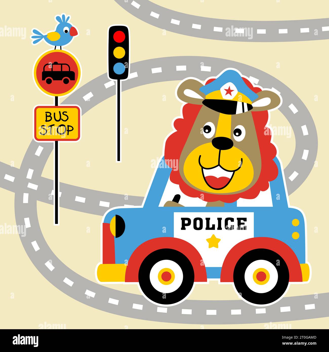 Cute lion driving police car with little bird on road sign, vector