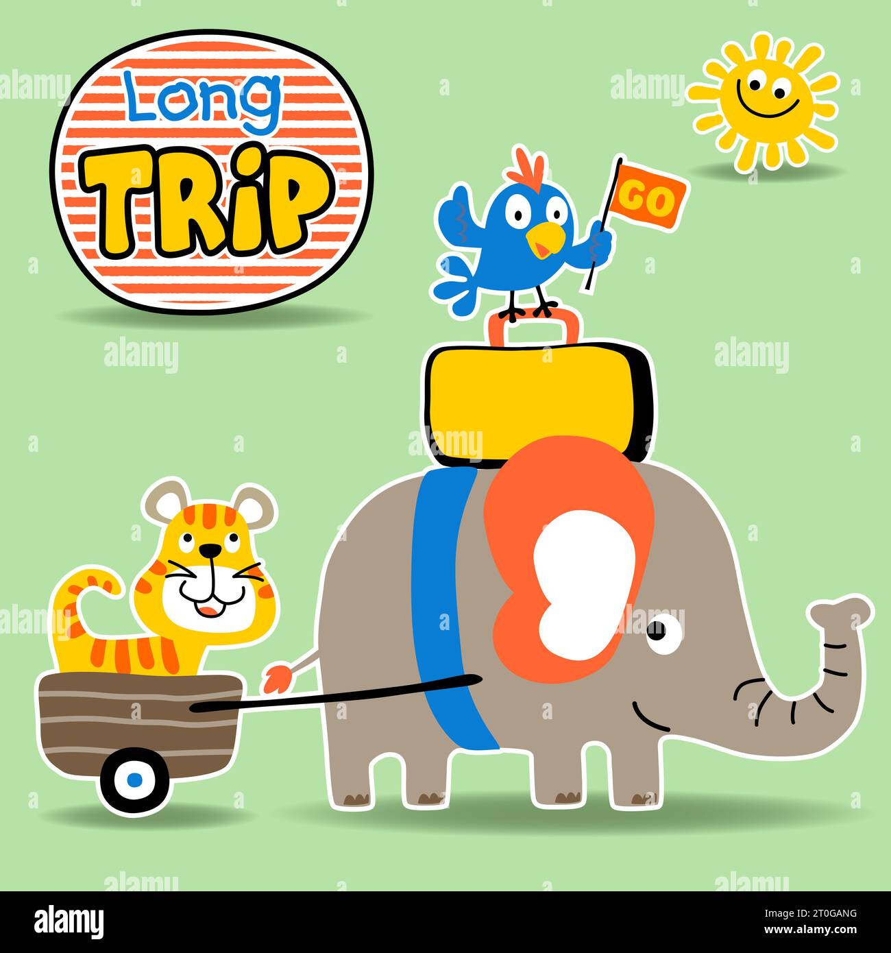 Cute elephant with tiger and bird on trip, vector cartoon illustration