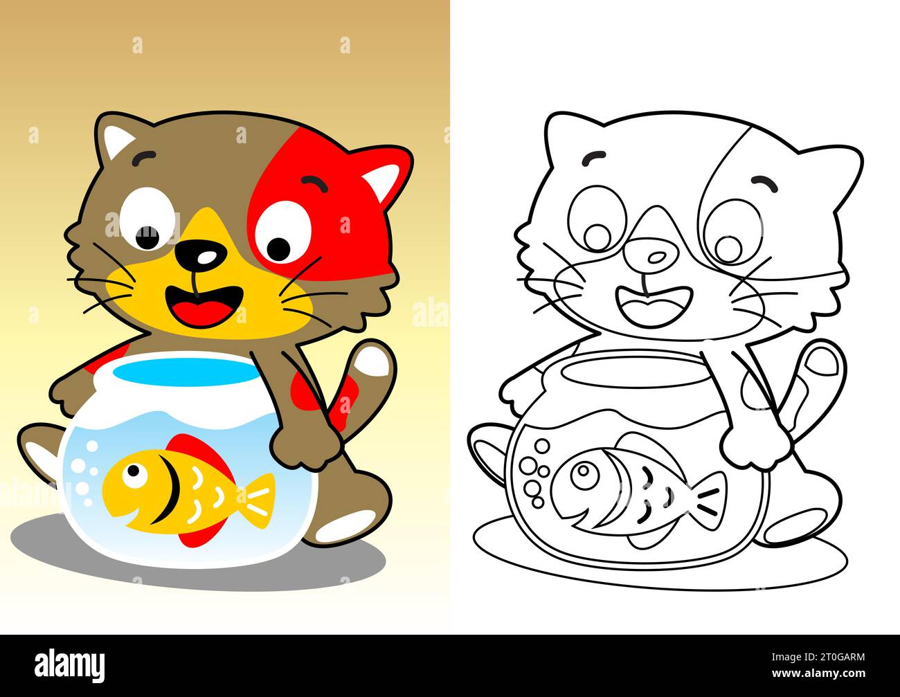 little cat with a fish in a jar, vector cartoon, coloring book or page