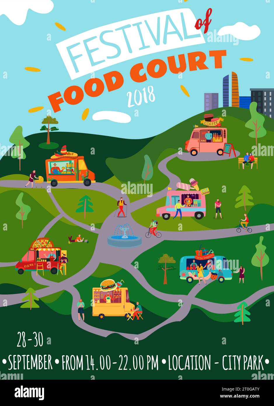 Food trucks poster with festival food court symbols flat vector