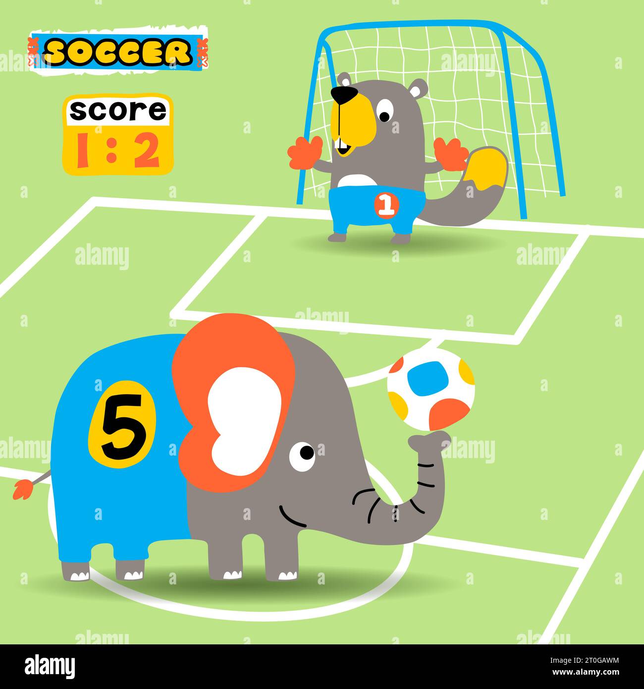 Cute elephant with beaver playing soccer, vector cartoon illustration Stock Vector