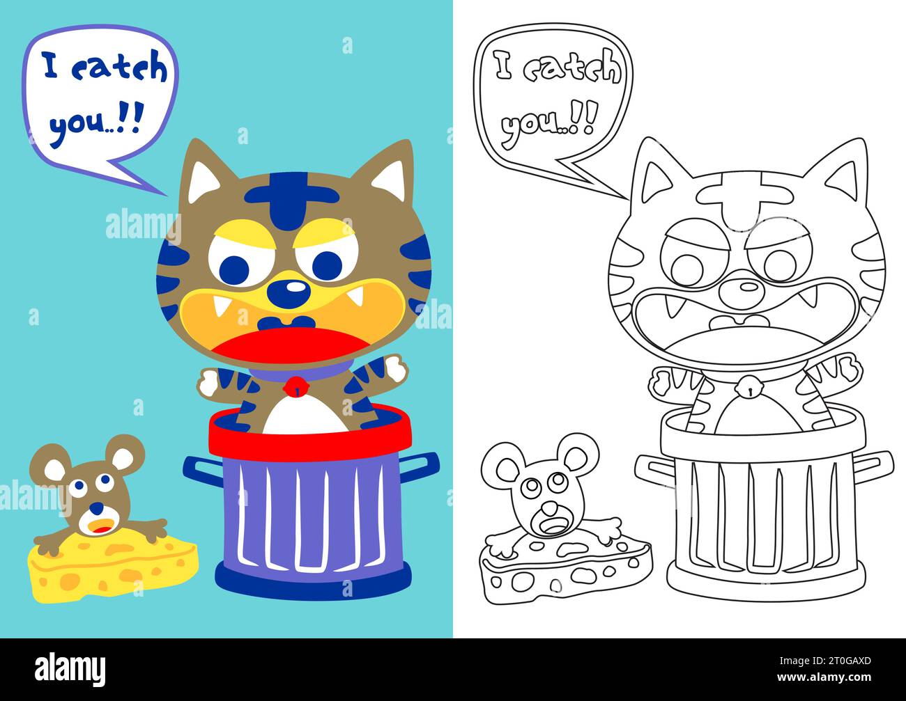 little cat in trash can try to catch a mice, vector cartoon, coloring book or page Stock Vector