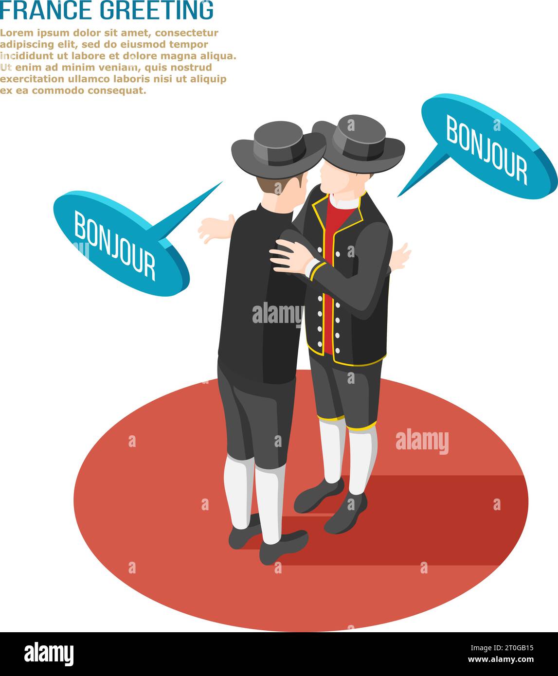 Isometric composition with two french people in national costumes greeting each other 3d vector illustration Stock Vector