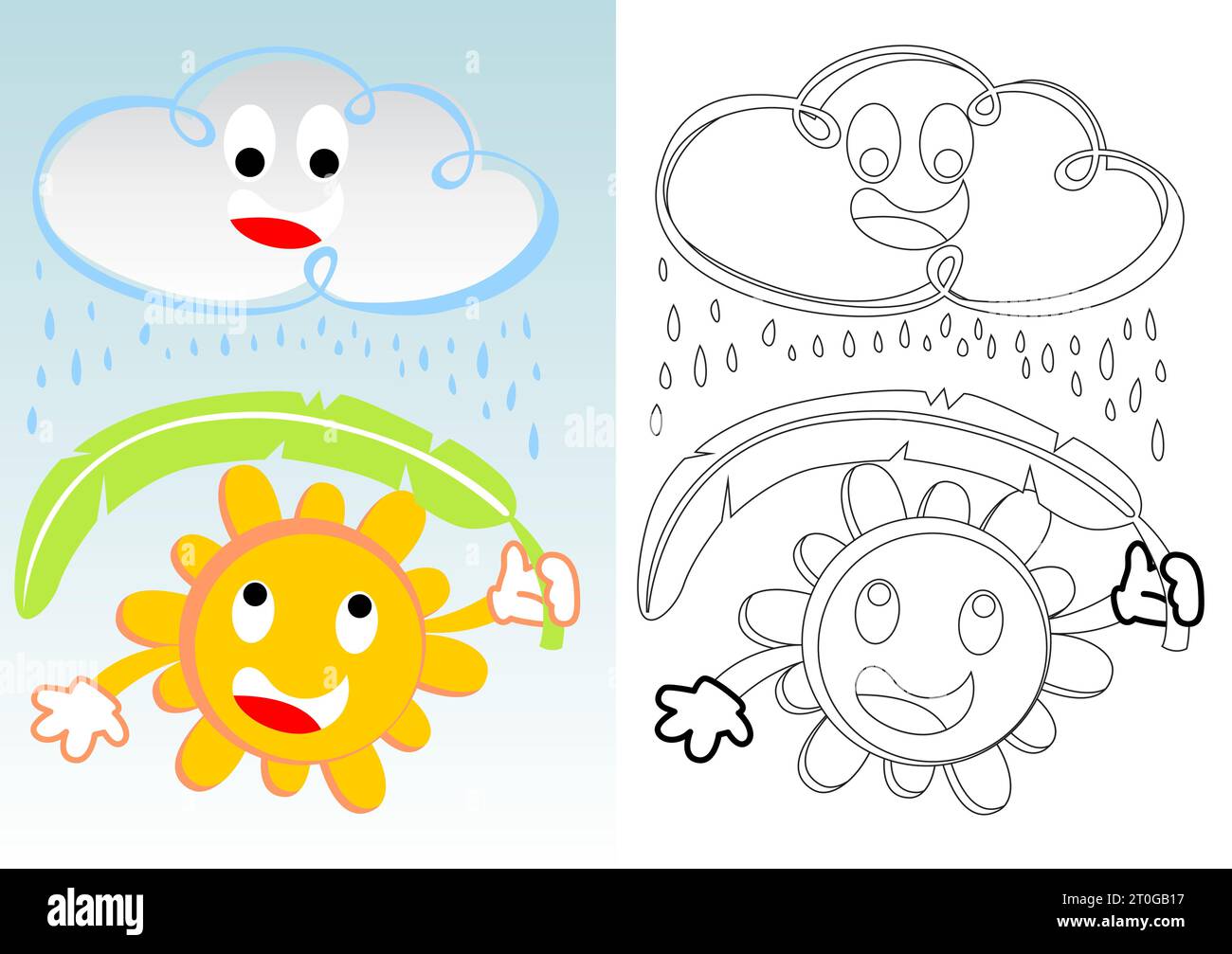 Funny sun holding banana leaf at raining with cute cloud, vector cartoon, coloring book or page Stock Vector