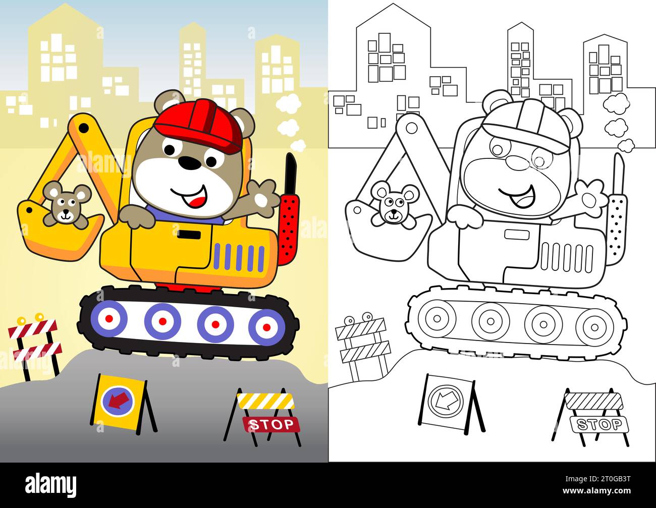 Cute bear with mice on construction vehicle, construction elements on buildings background, vector cartoon, coloring book or page Stock Vector