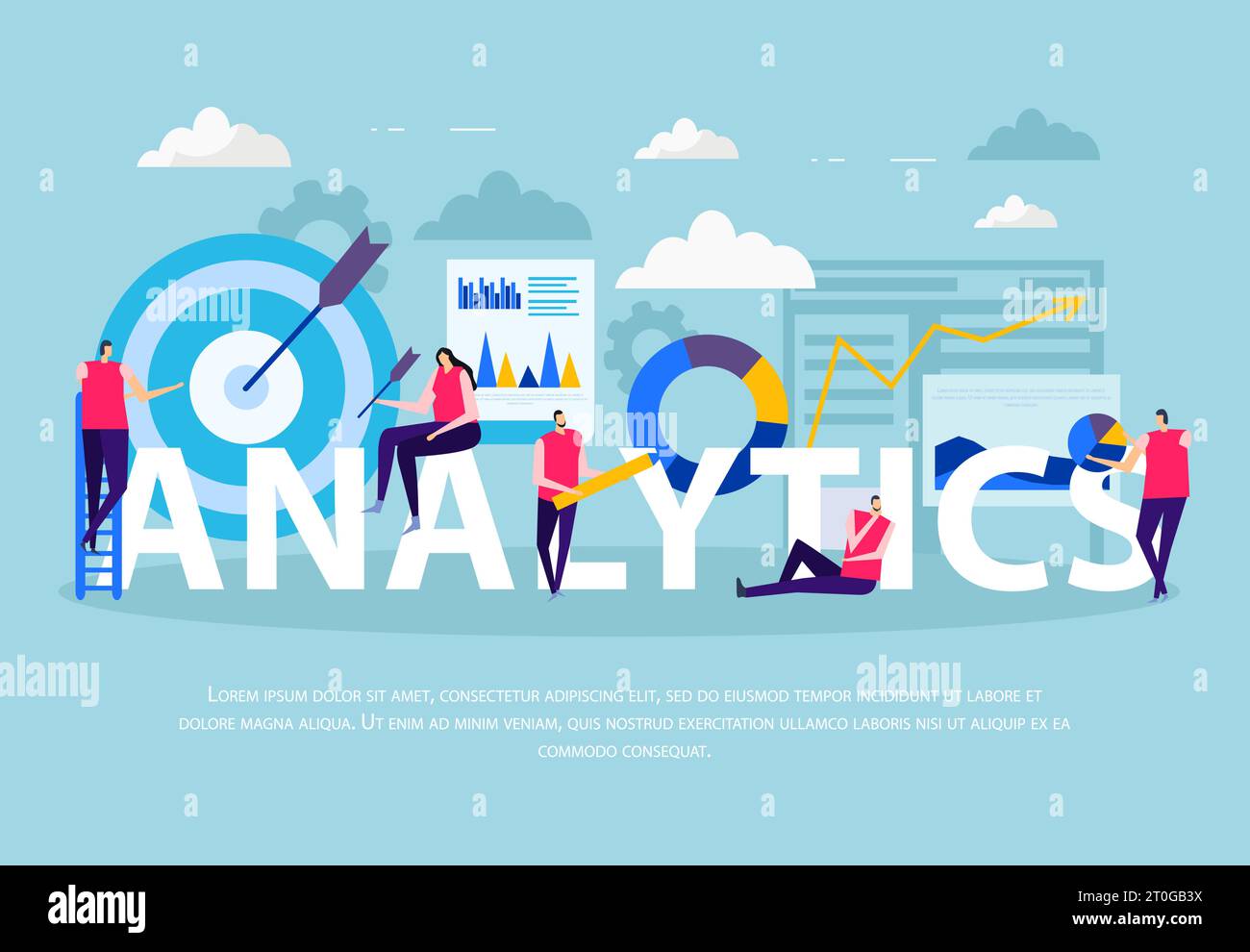 Business analytics flat composition human characters during data work infographic elements on blue background vector illustration Stock Vector