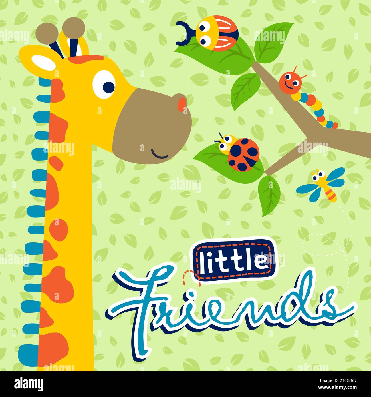 Funny giraffe with bugs on tree branches, cute animals on leaf pattern