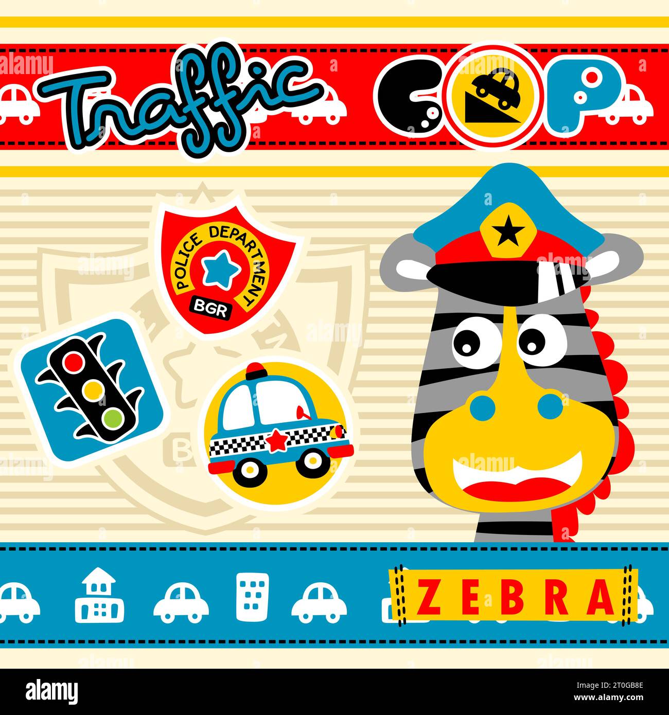 Cute zebra the animal cop with traffic elements on striped background, vector cartoon illustration Stock Vector