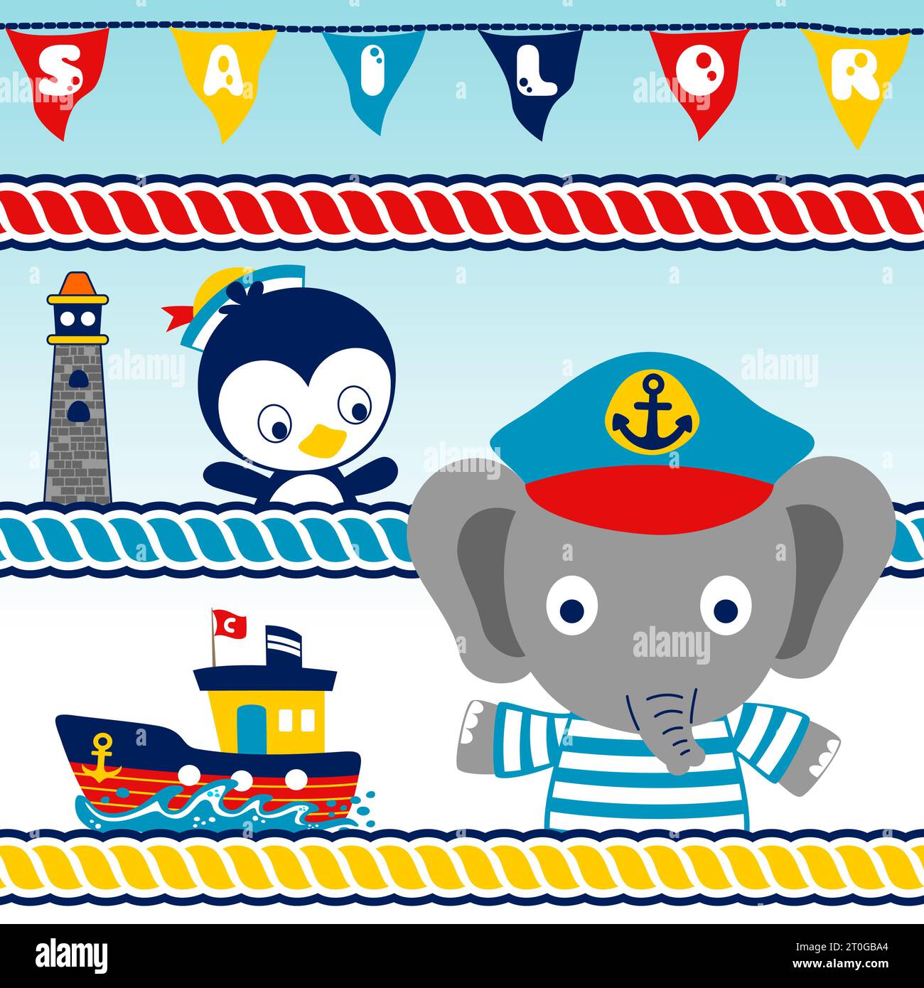 Cute elephant with little penguin in sailor costume, sailing elements ...