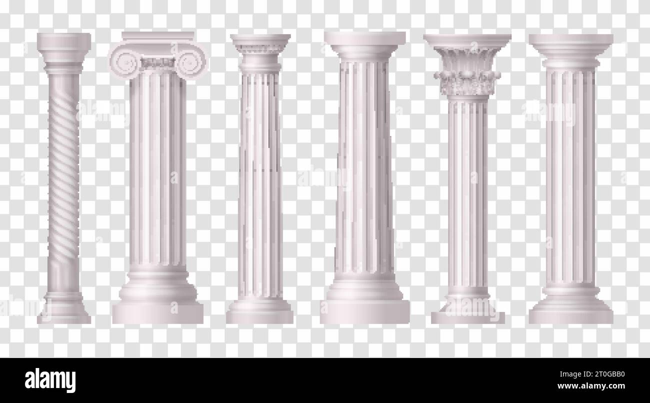 Six isolated and realistic antique white columns icon set on transparent background vector illustration Stock Vector