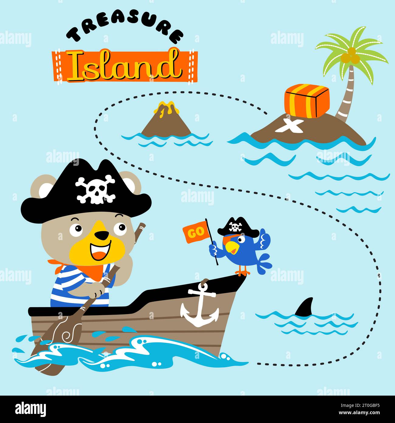 Funny bear in pirate costume with parrot on rowboat, pirate sailing ...