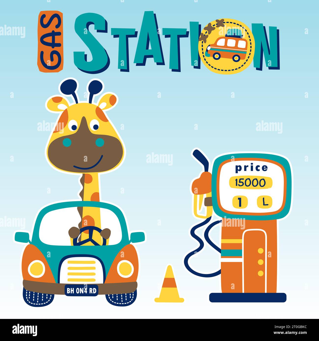 Funny giraffe on car with gas station, vector cartoon illustration