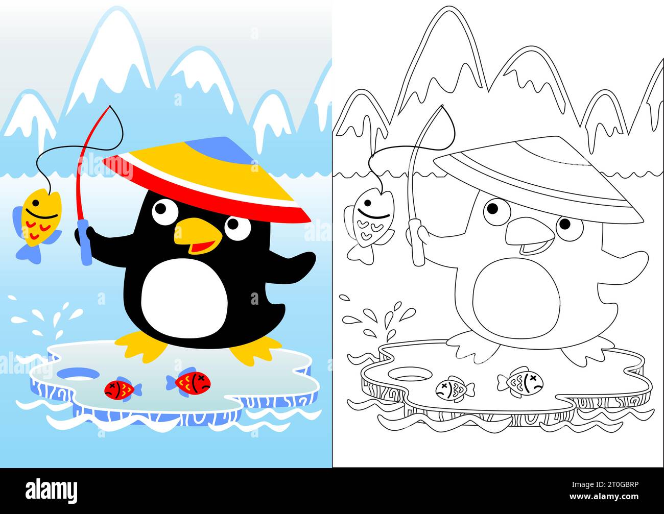 Funny penguin fishing, Vector cartoon illustration, coloring book or page Stock Vector