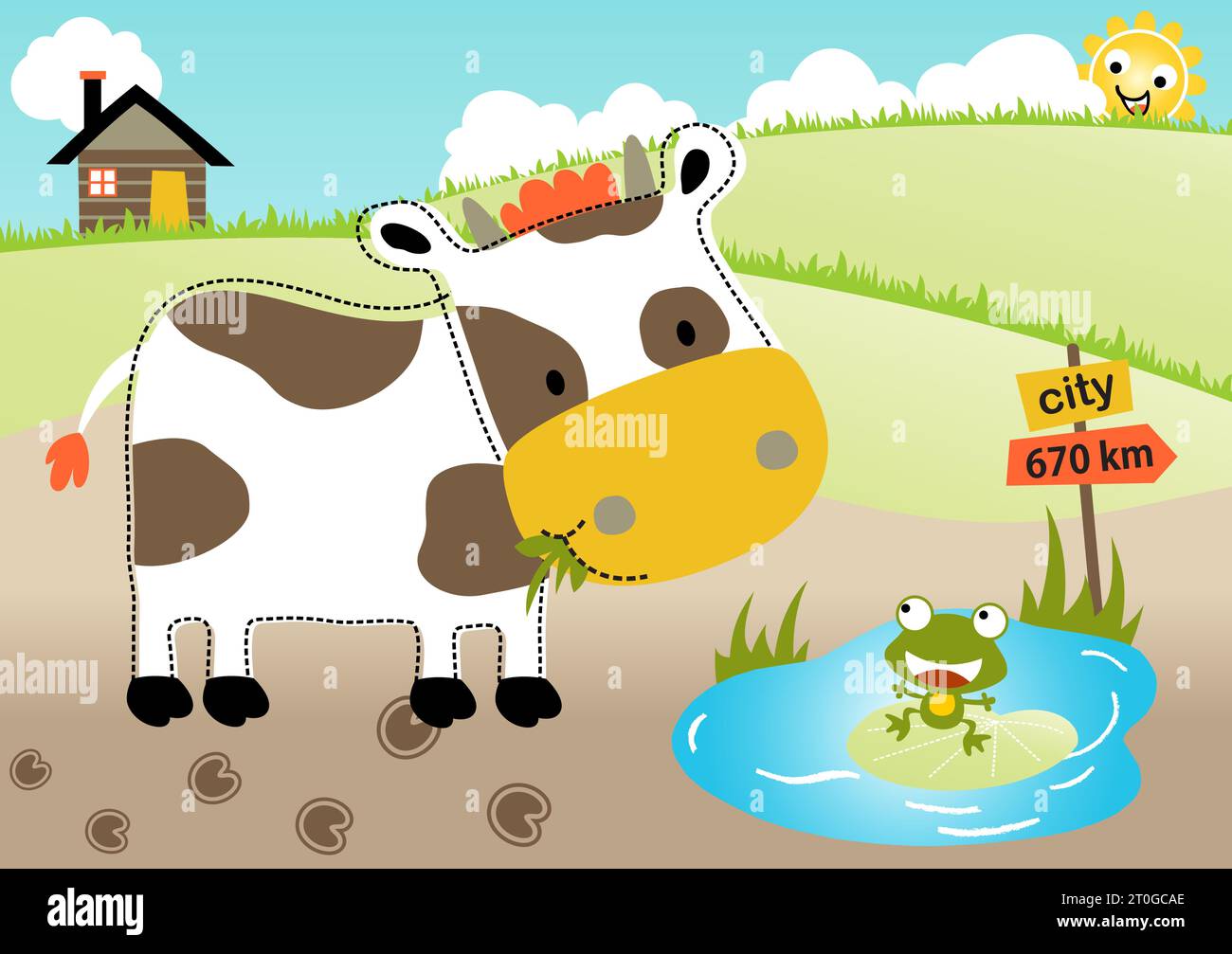 Funny cow and frog in farm field, vector cartoon illustration Stock Vector