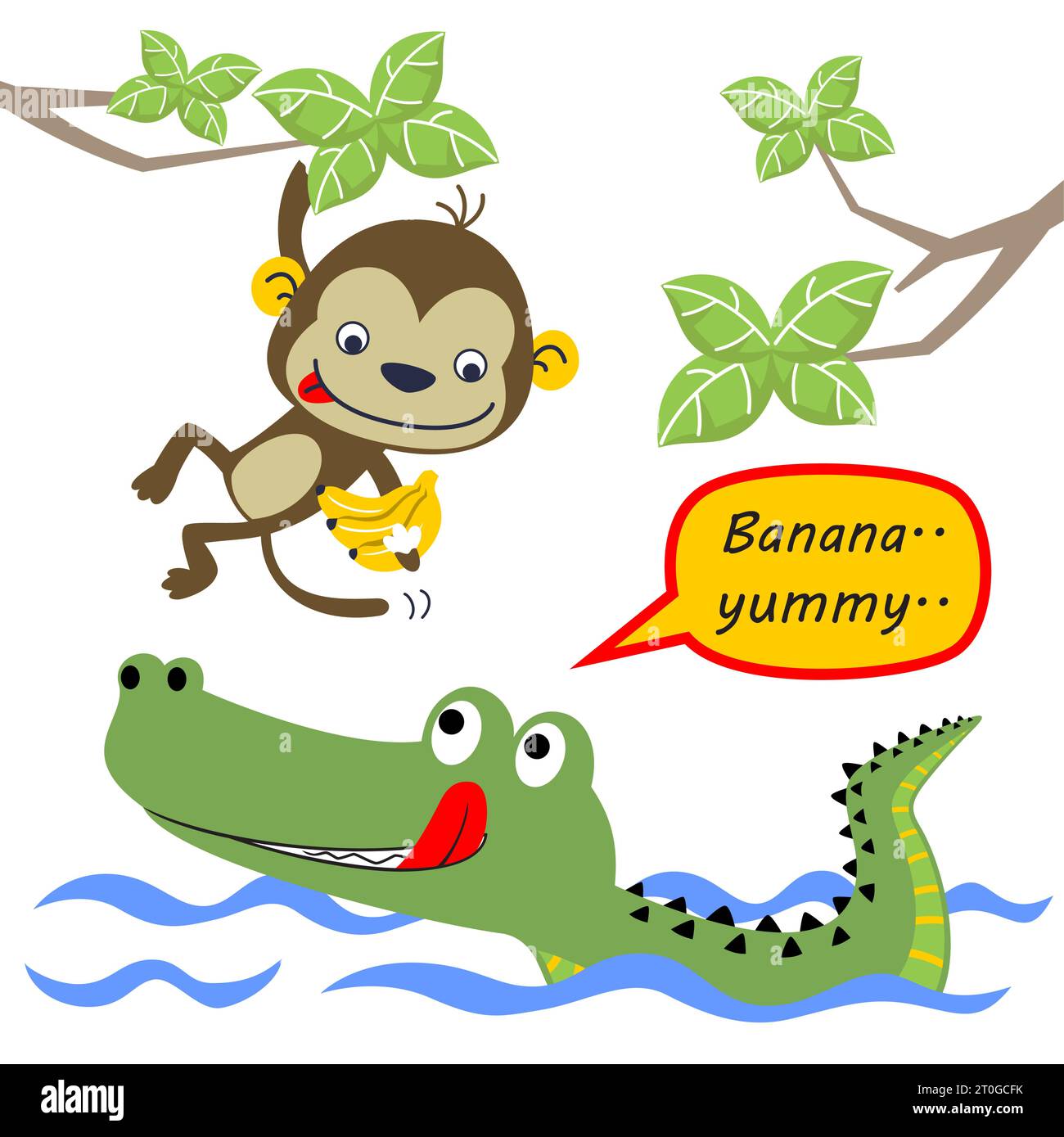 Funny crocodile in river, cute monkey hanging on tree branches carrying