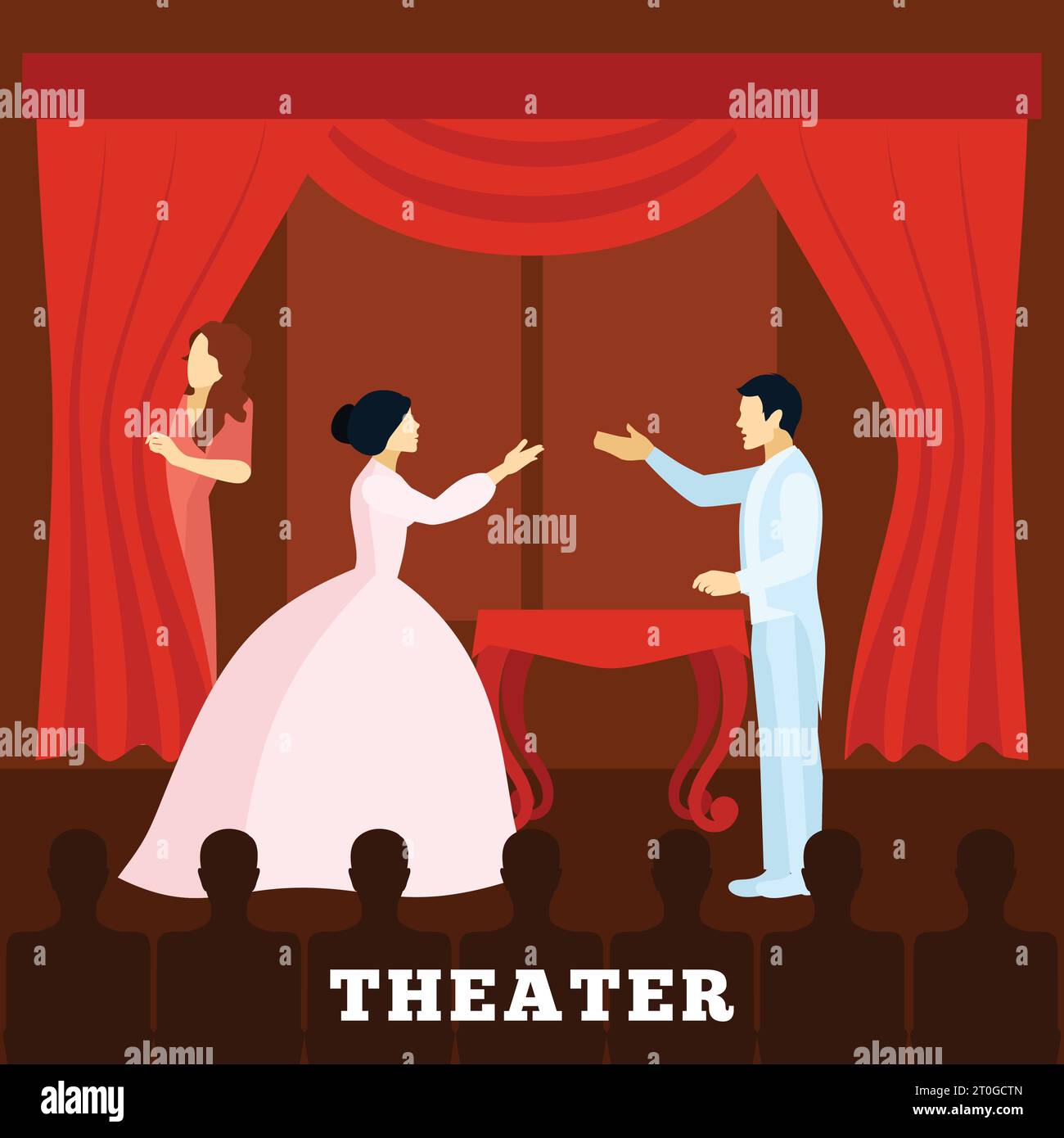 Theatre stage performance with actors curtain and audience poster flat ...