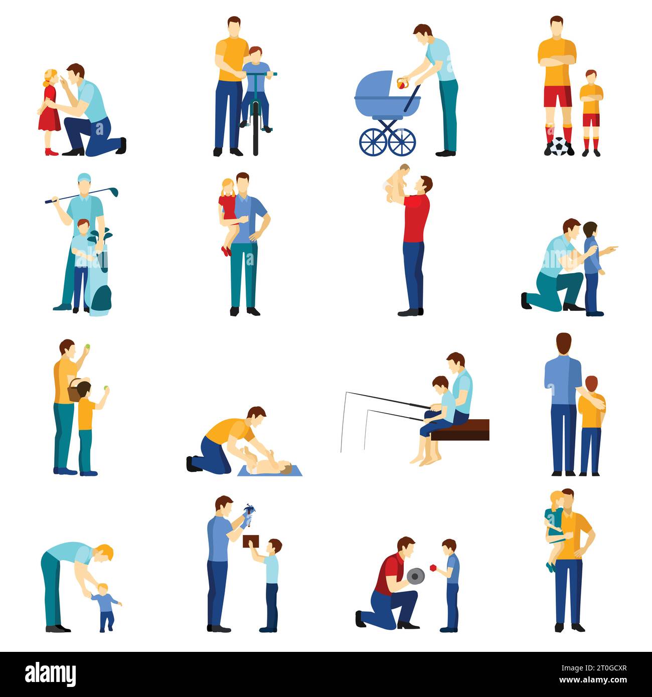 Fatherhood flat icons set with father playing with children isolated ...