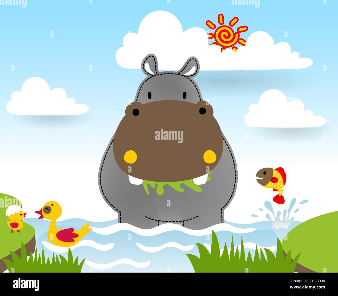 Cute hippopotamus with little friends in the swamp, vector cartoon illustration Stock Vector