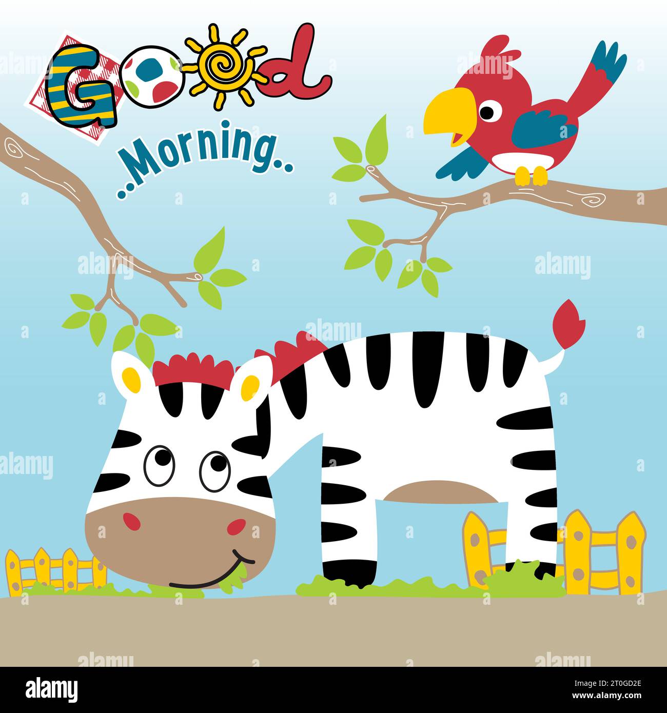 Funny zebra eating grass, bird on tree branches, vector cartoon illustration Stock Vector