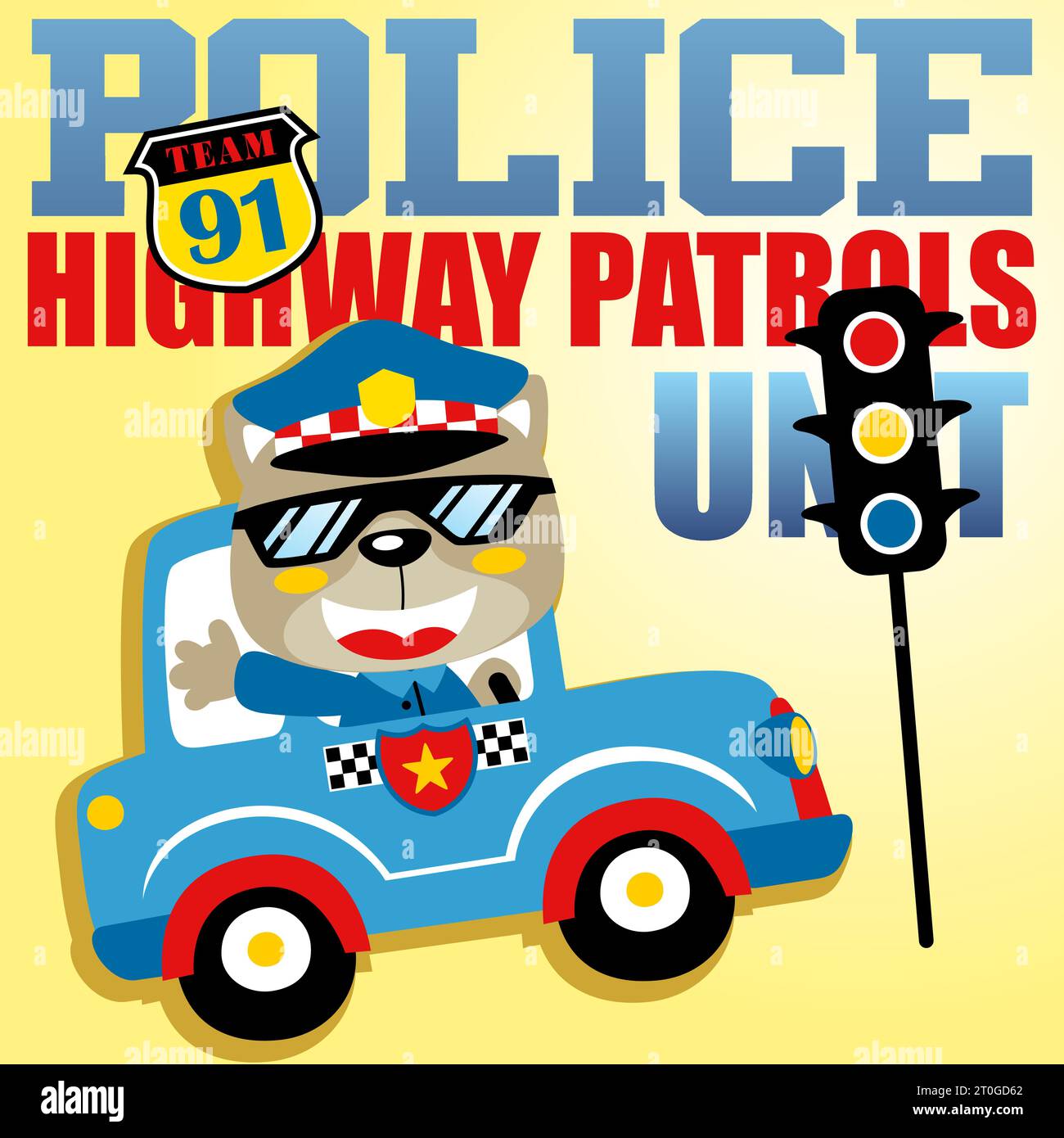 Funny cat on police car with stoplight and police logo, vector cartoon