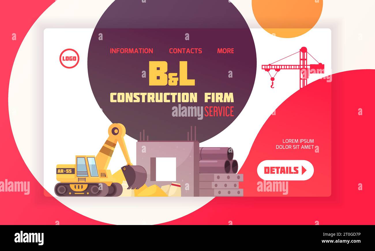 Construction landing page layout with contact information about firm and place for logo flat vector illustration Stock Vector