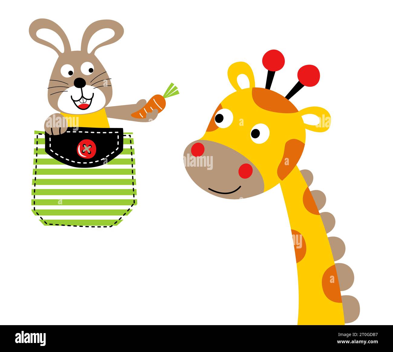 Nice giraffe with bunny on pocket, vector cartoon illustration Stock Vector