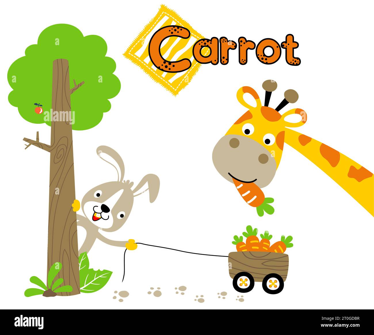 Funny giraffe eating carrot, cute rabbit in tree pulling carrots with cart, vector cartoon illustration Stock Vector