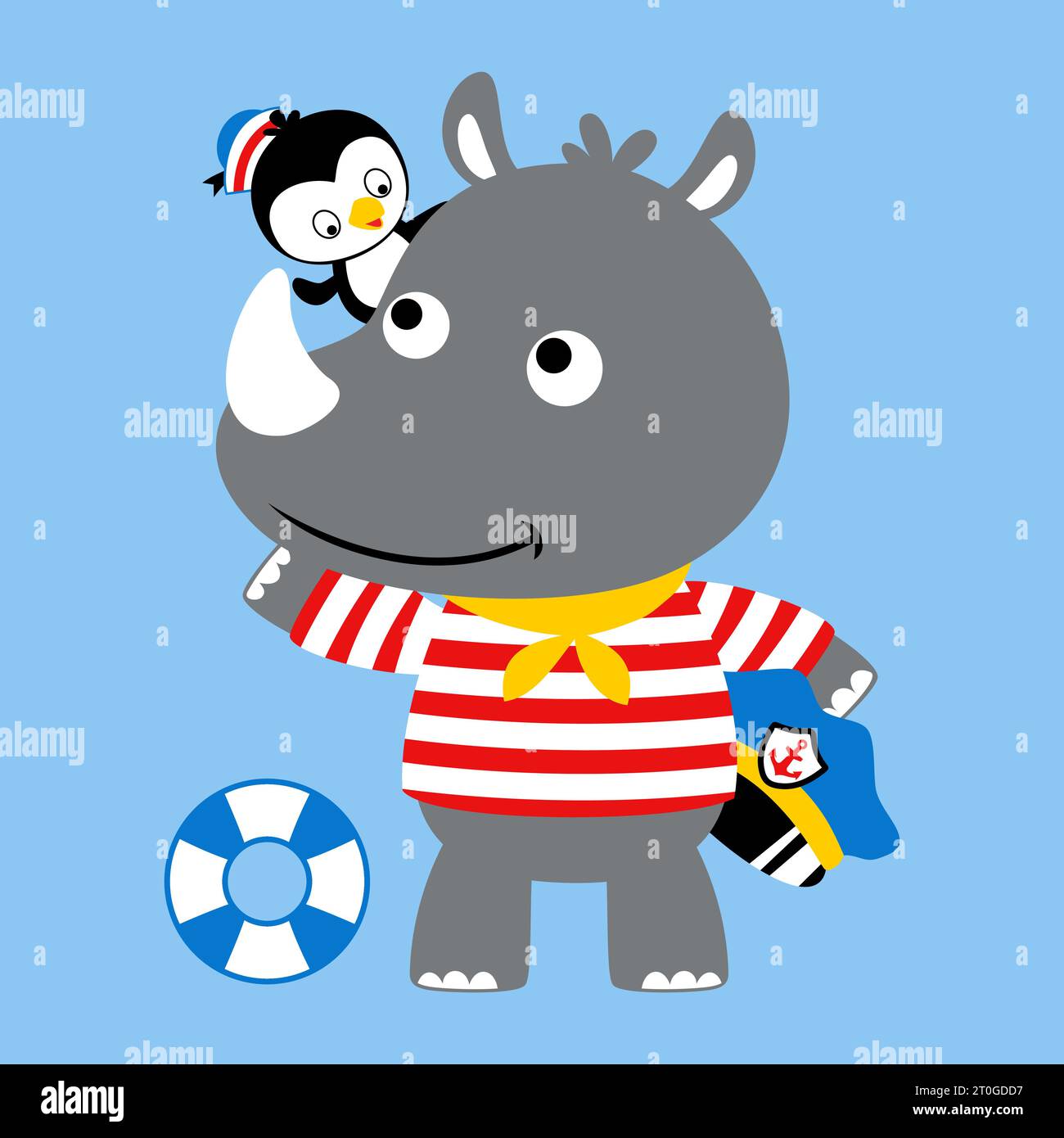 Nice rhino with penguin in sailor uniform, vector cartoon illustration