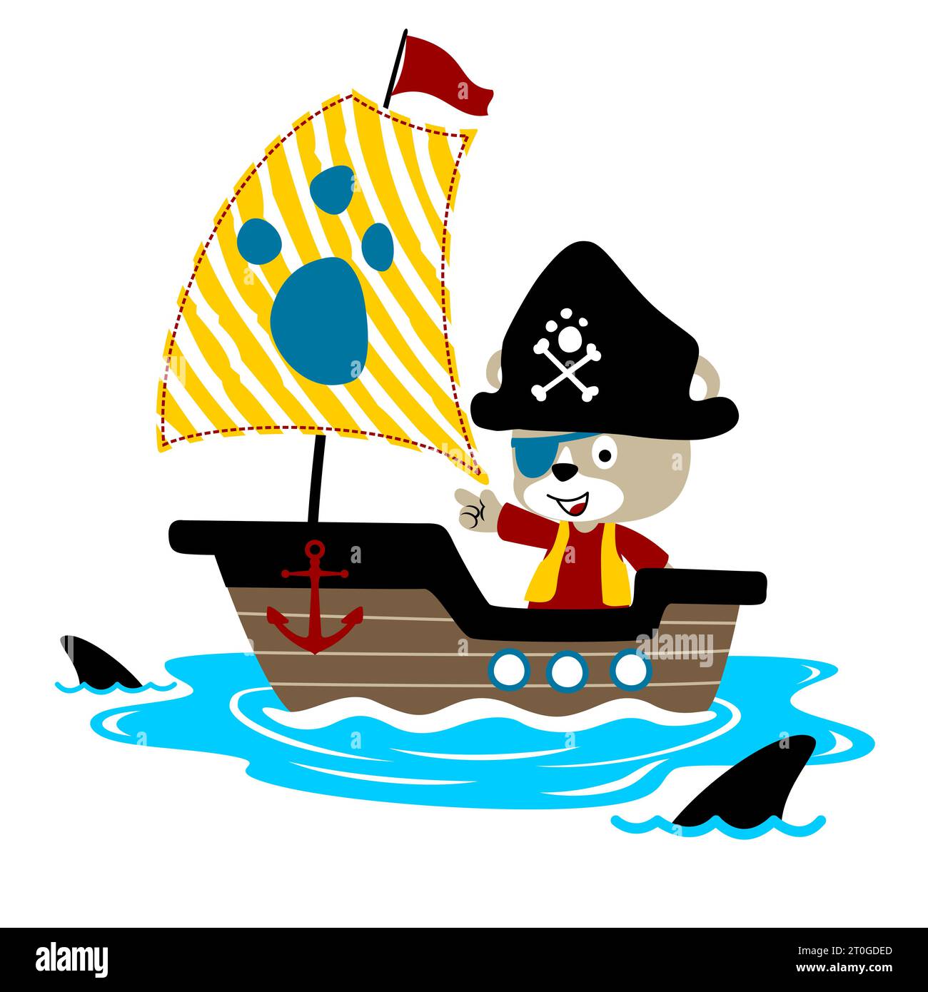 vector cartoon of cute bear in pirate costume on sailboat with shark in ...