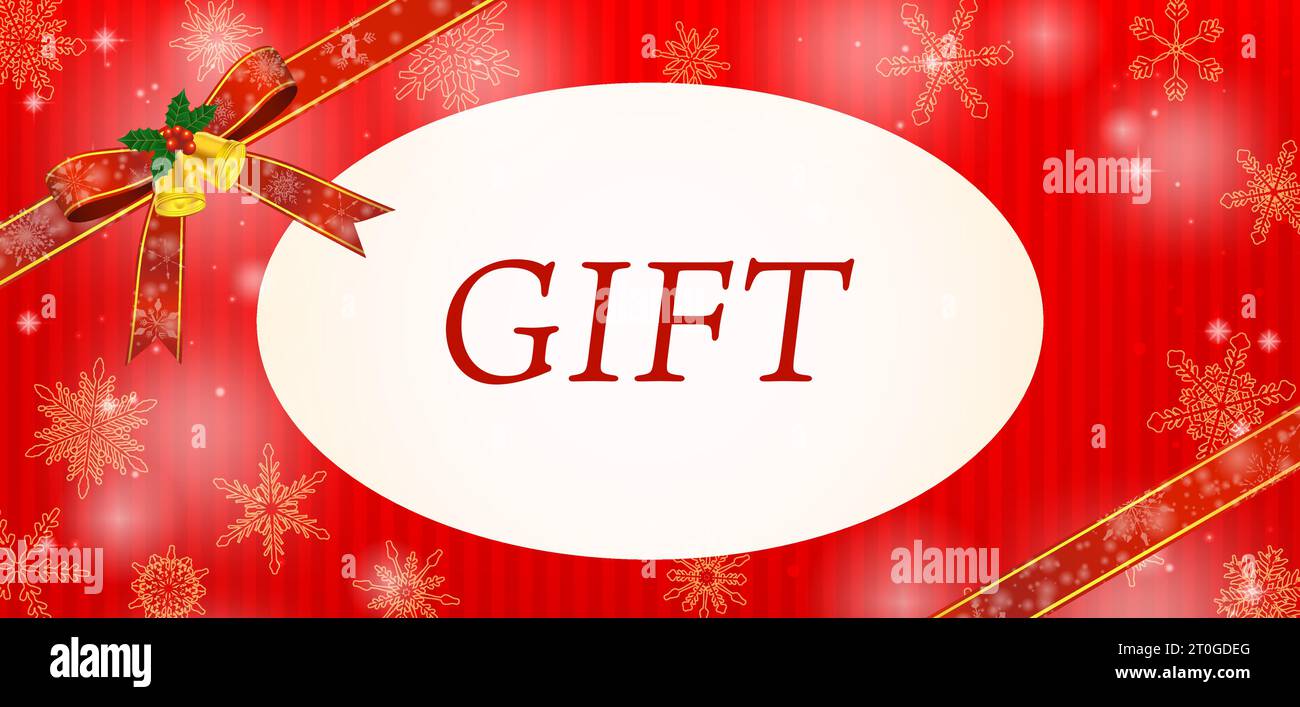 Christmas gift card, red ribbon with gold lines and snowflake design
