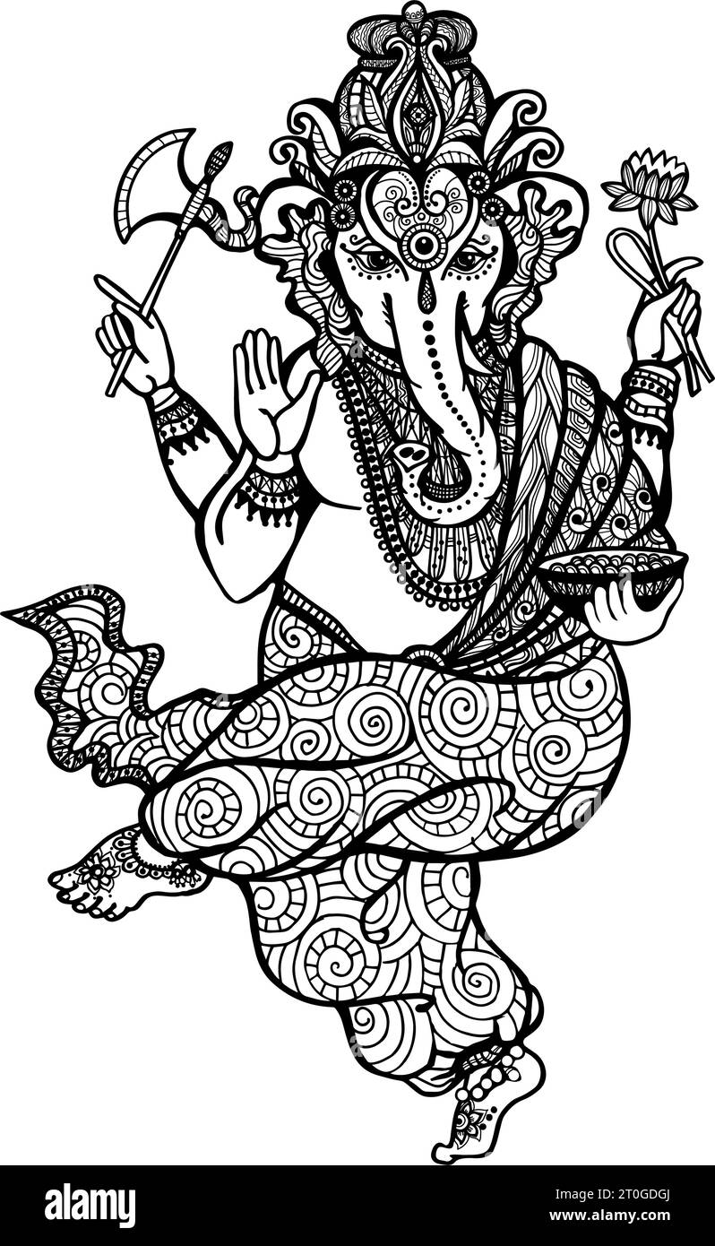 Dancing Hindu religion god Ganesha hand drawn decorative vector illustration Stock Vector