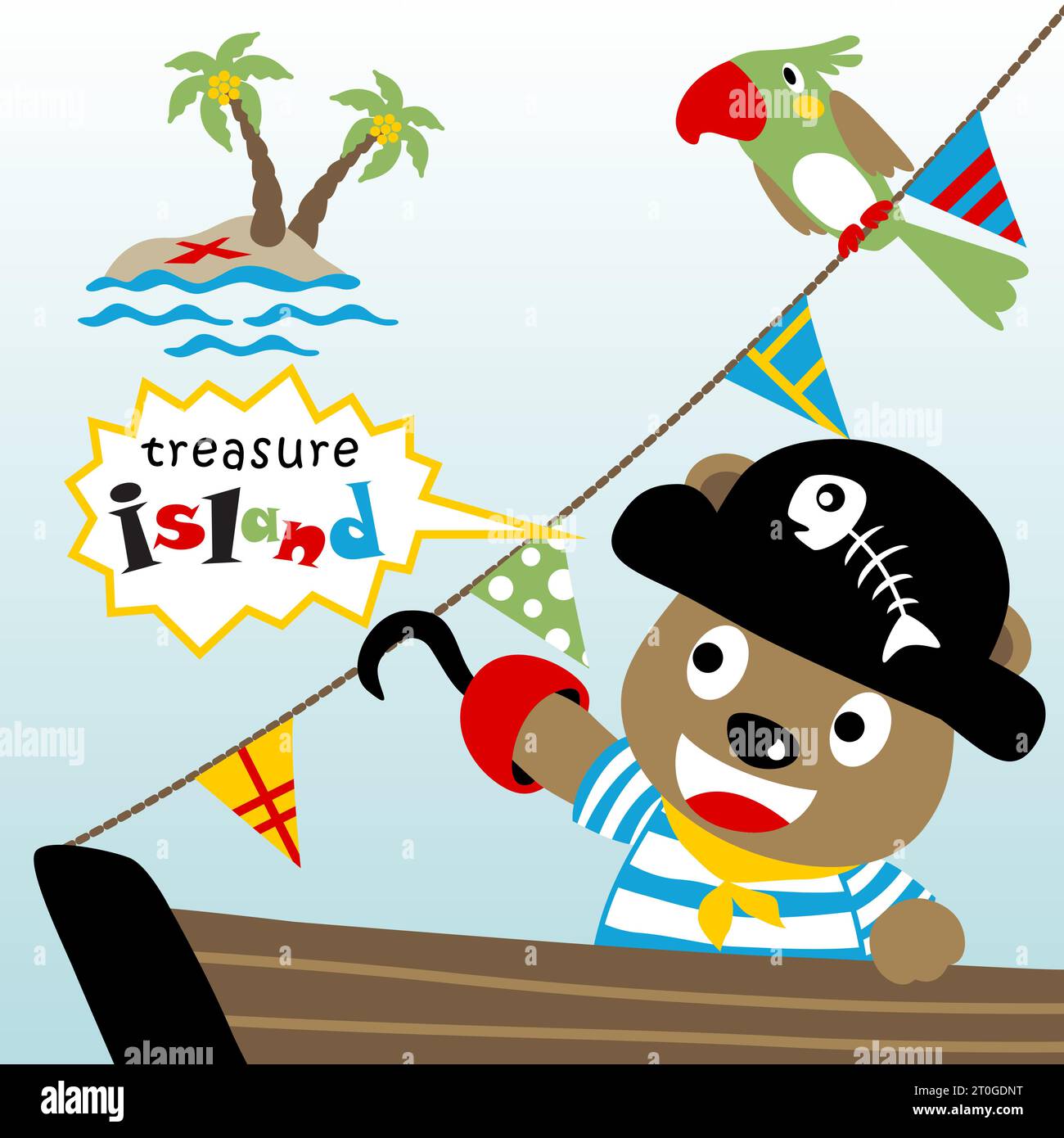 Cute bear in pirate costume with parrot on ship, pirate elements ...