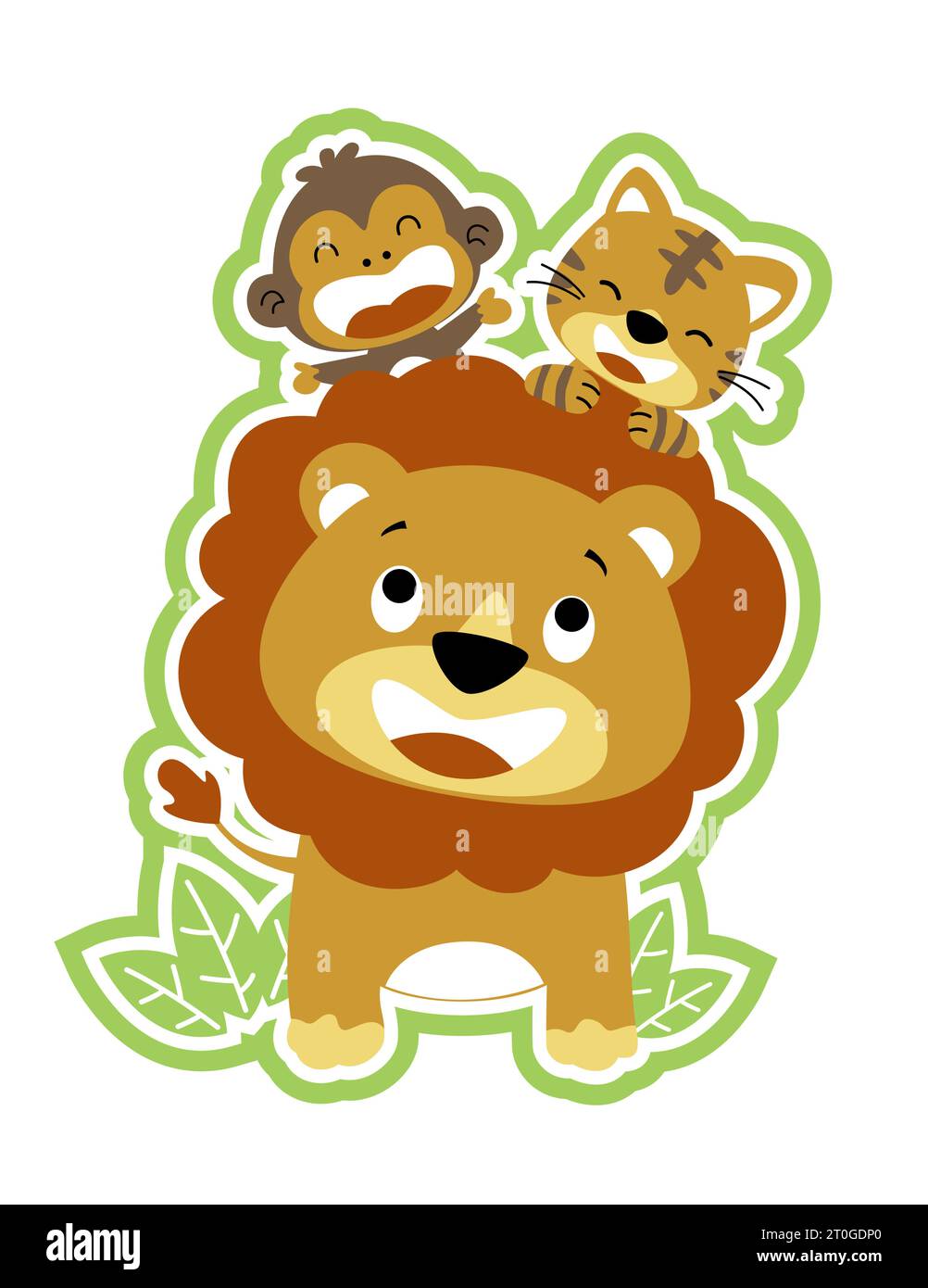 Cute lion with friends, monkey and tiger, vector cartoon illustration Stock Vector