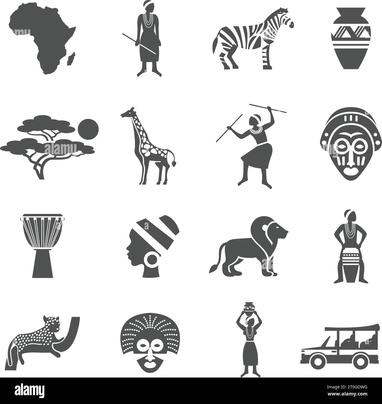 Africa black white icons set with african people and animals flat isolated vector illustration Stock Vector
