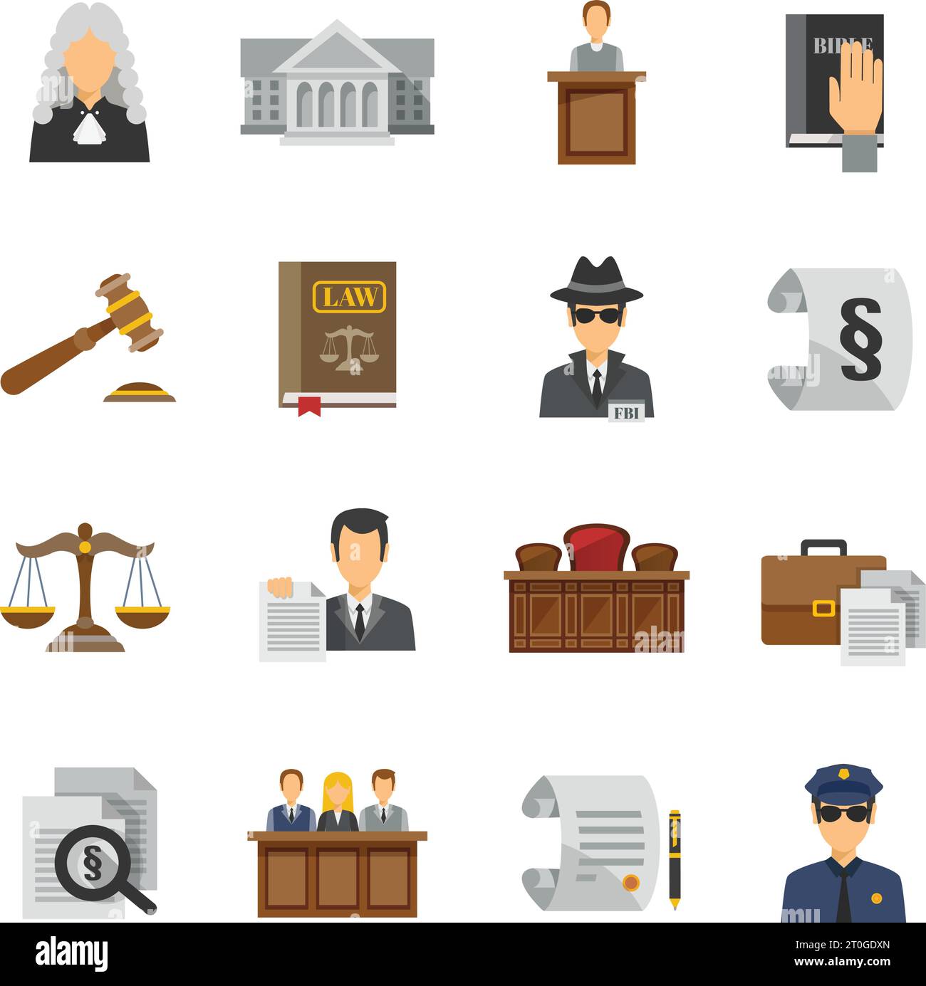 Law icons flat set with judge courthouse bible isolated vector ...