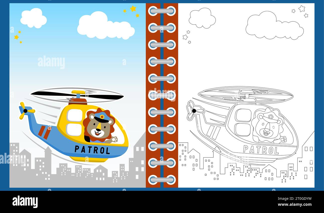 Vector cartoon of cute lion on helicopter, coloring book or page Stock Vector
