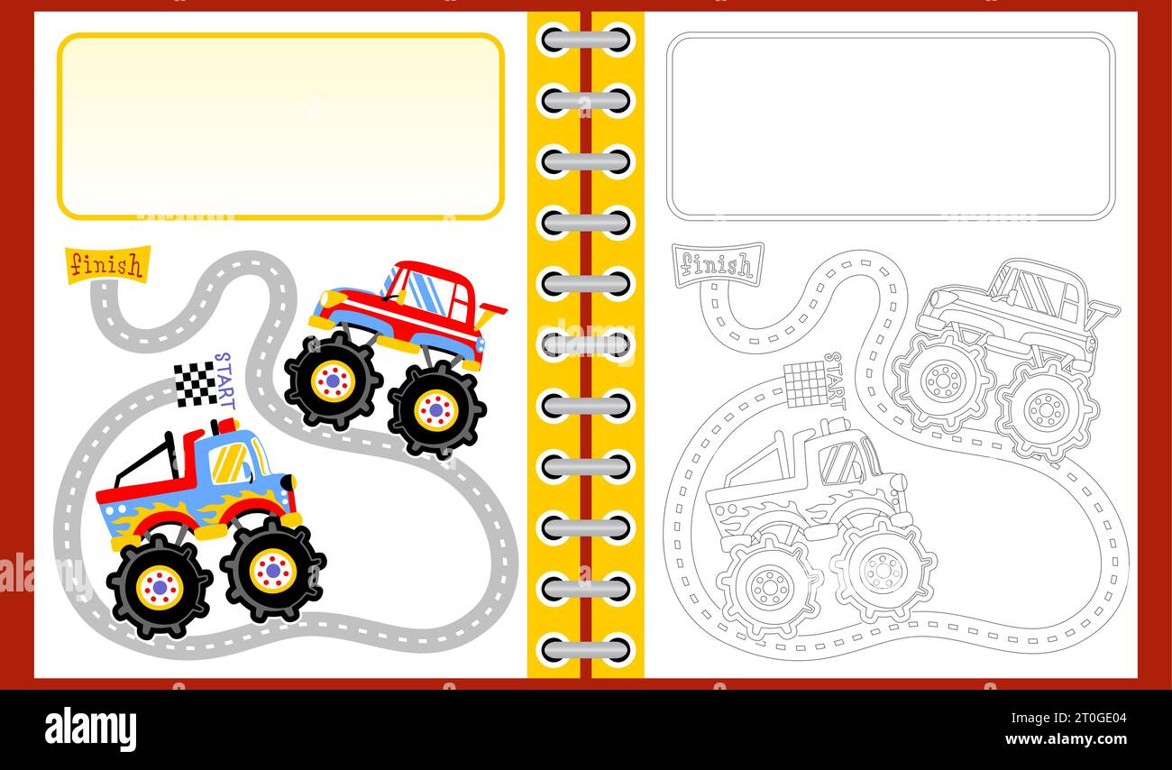 monster truck racing with text template, coloring book or page, vector cartoon illustration Stock Vector